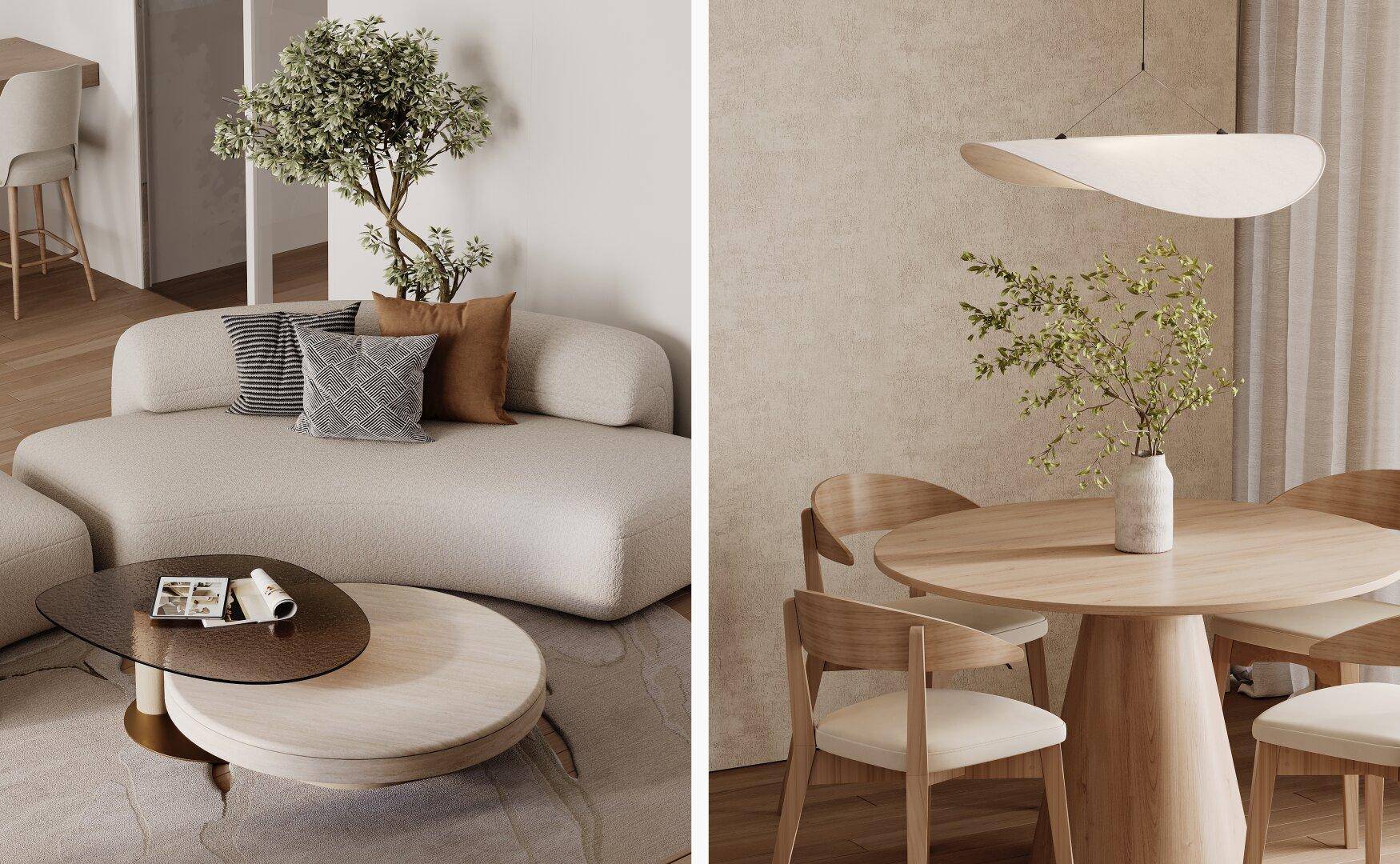 Offener Wohn- und Essbereich mit modernem Design und Holzboden.