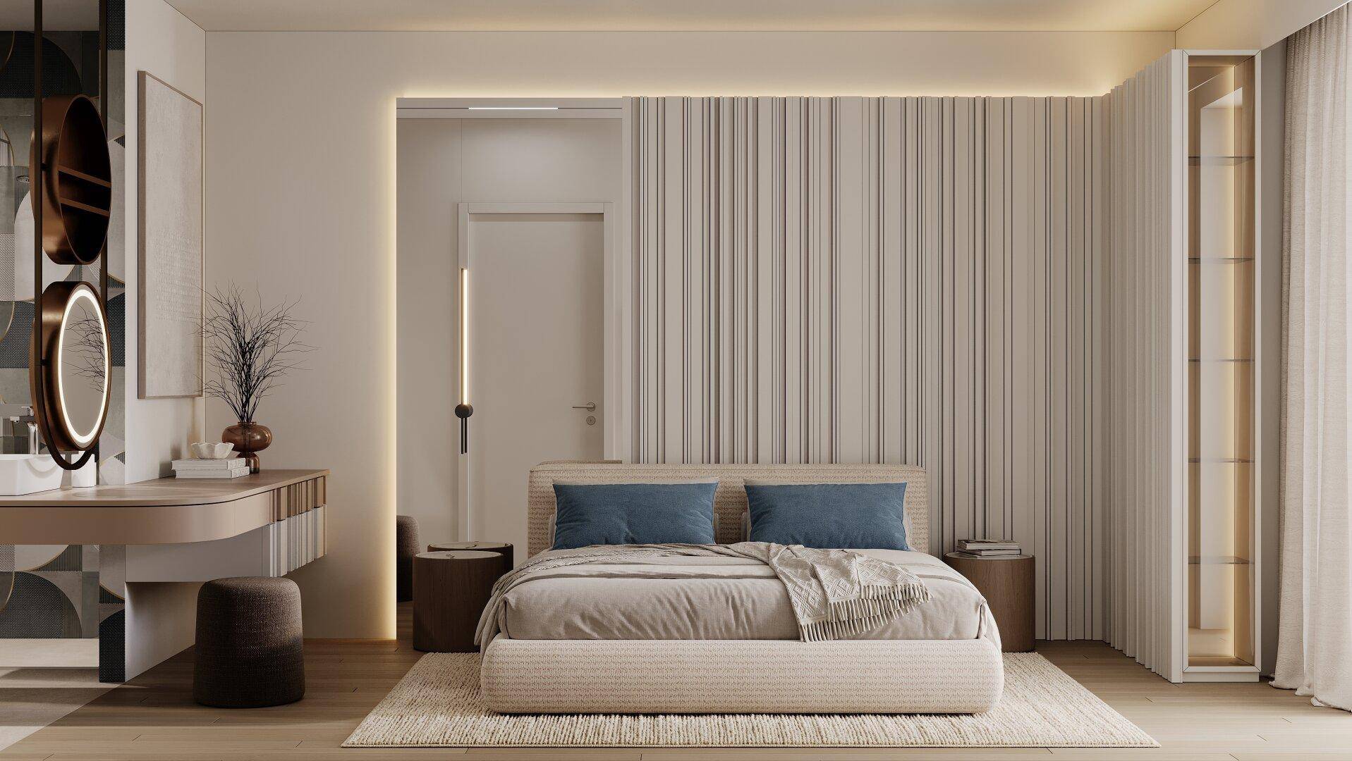Stilvolles Schlafzimmer mit modernem Bett, Schminktisch und integriertem Schrank.