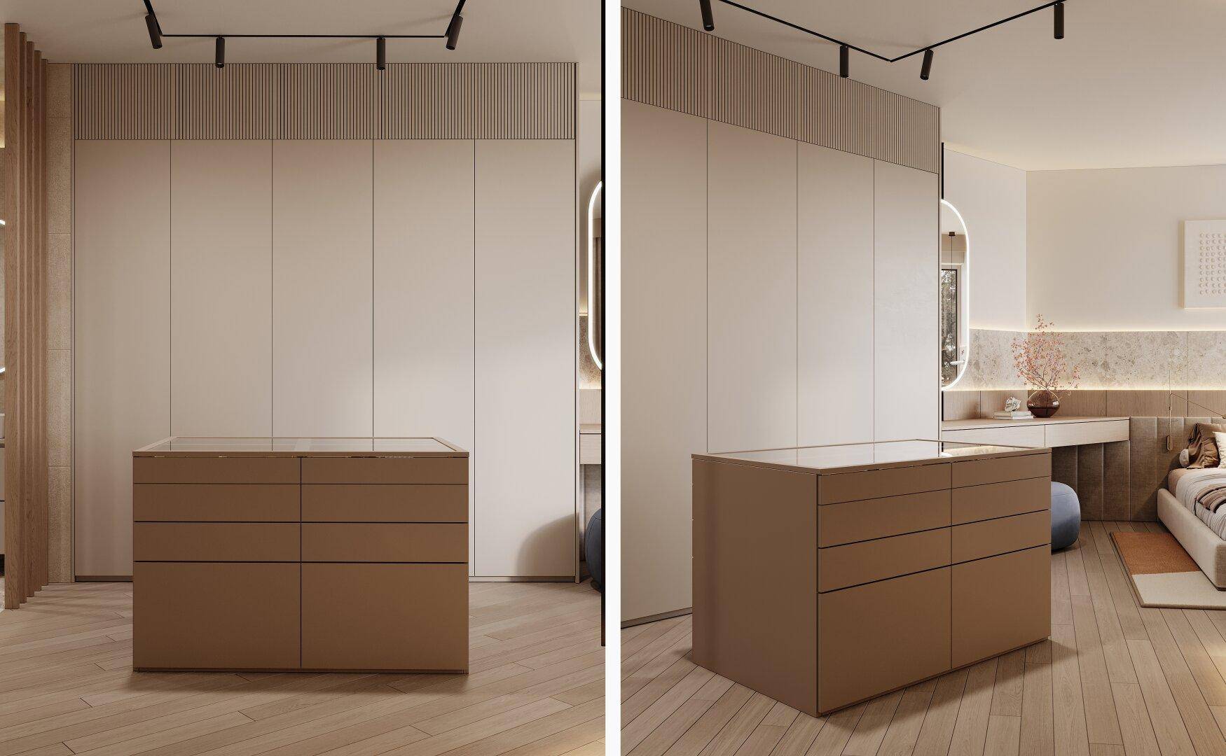 Elegante Kommode mit Glasplatte und integrierten Schränken in einem modernen Schlafzimmer.