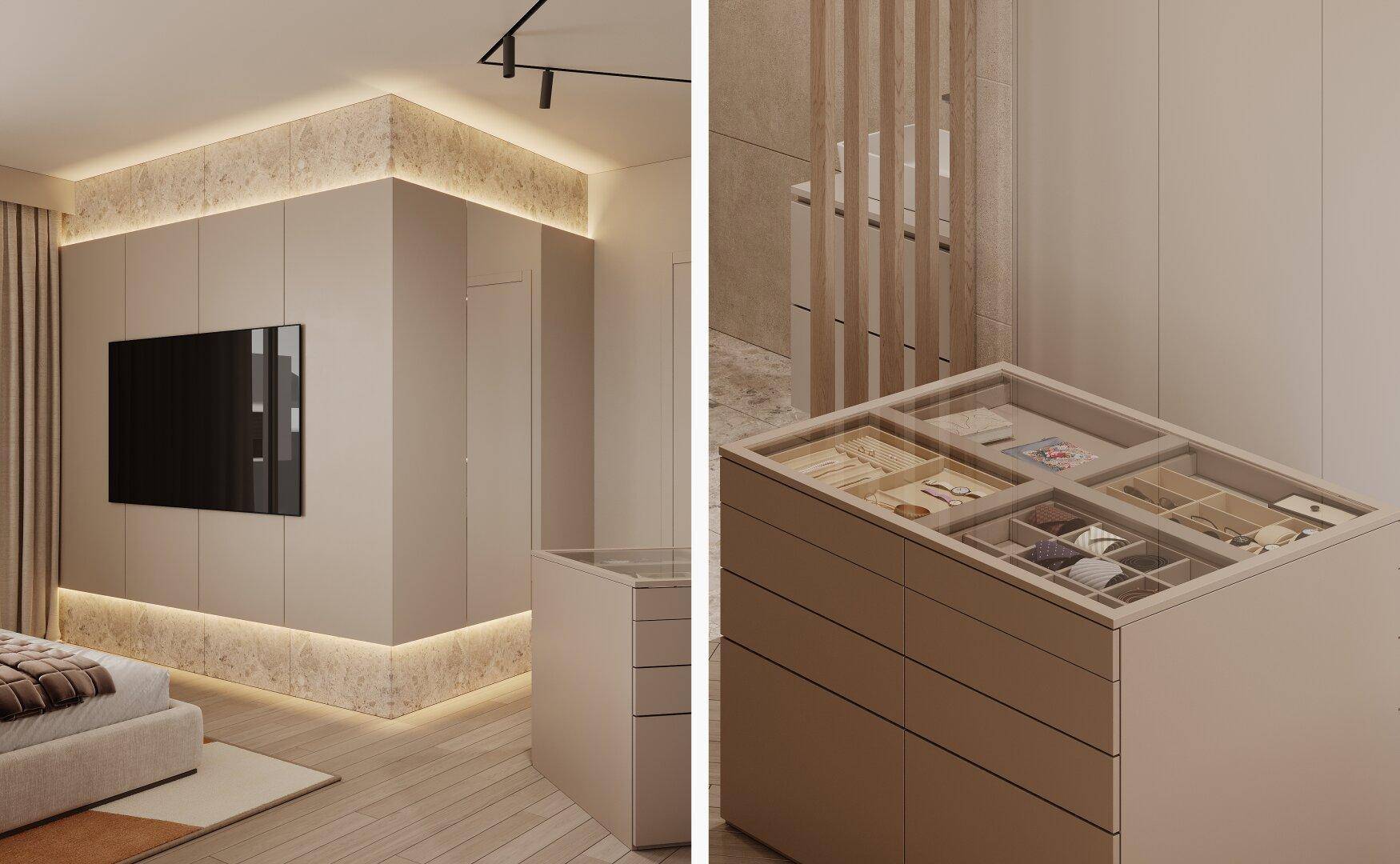 Detailansicht der Kommode mit transparentem Deckel und Fächern für Schmuck im Schlafzimmer.