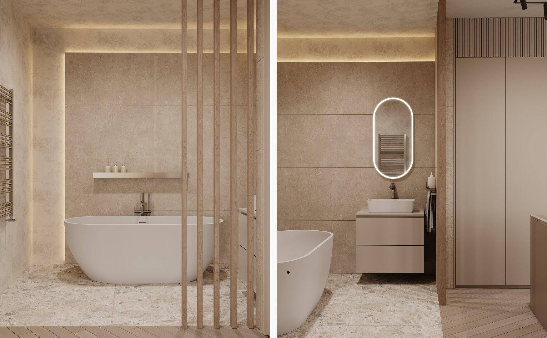 Modernes Badezimmer mit freistehender Badewanne, beheiztem Handtuchhalter und eleganten Fliesen.