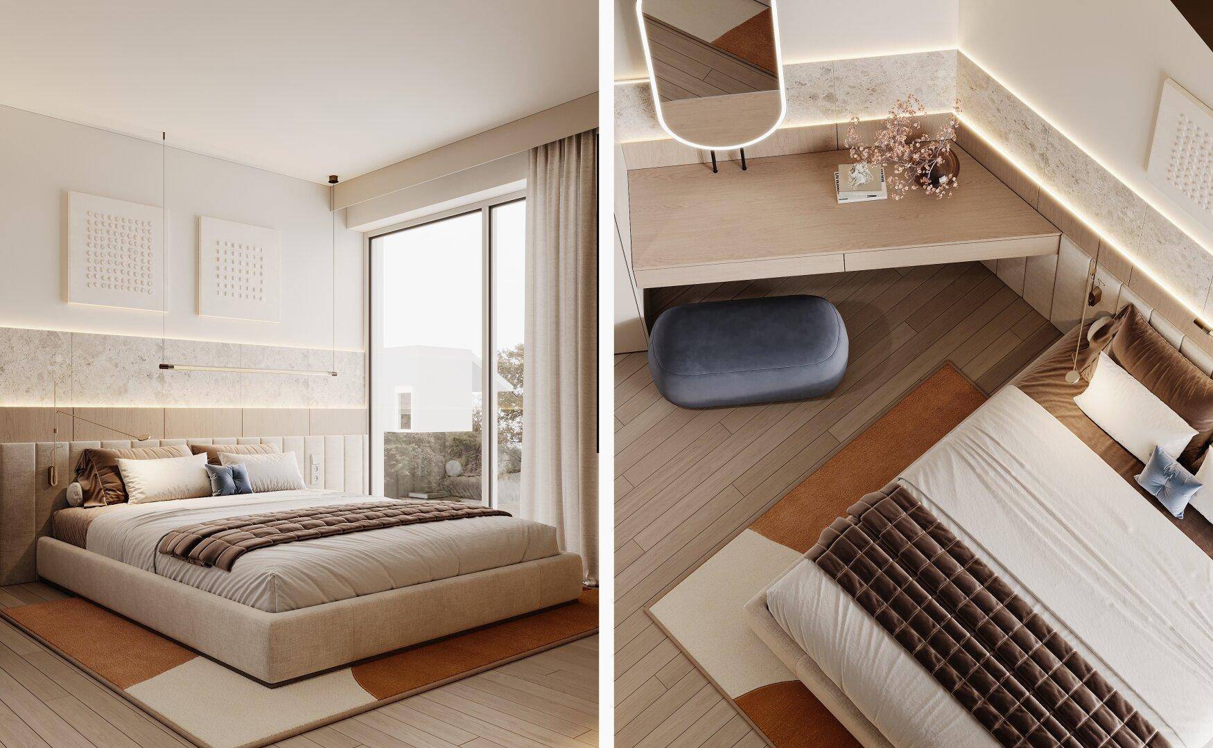 Helles Schlafzimmer mit großem Fenster, Holzboden und modernem Bett, ergänzt durch einen Schminktisch.