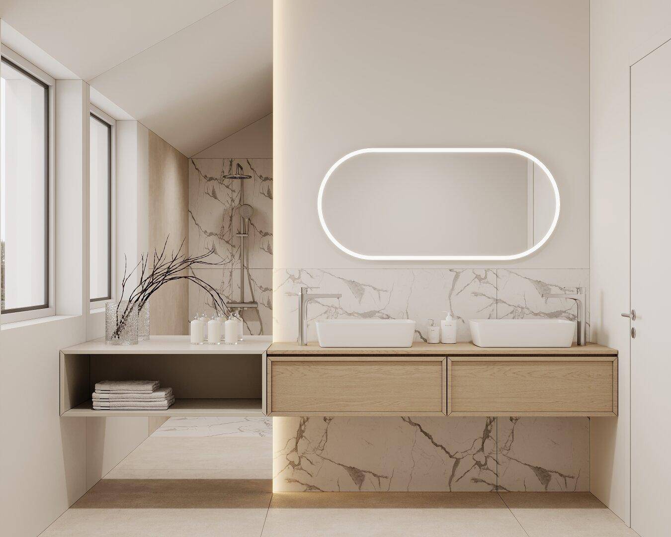 Helles Badezimmer mit Doppelwaschbecken, Marmoroberflächen und viel Tageslicht.
