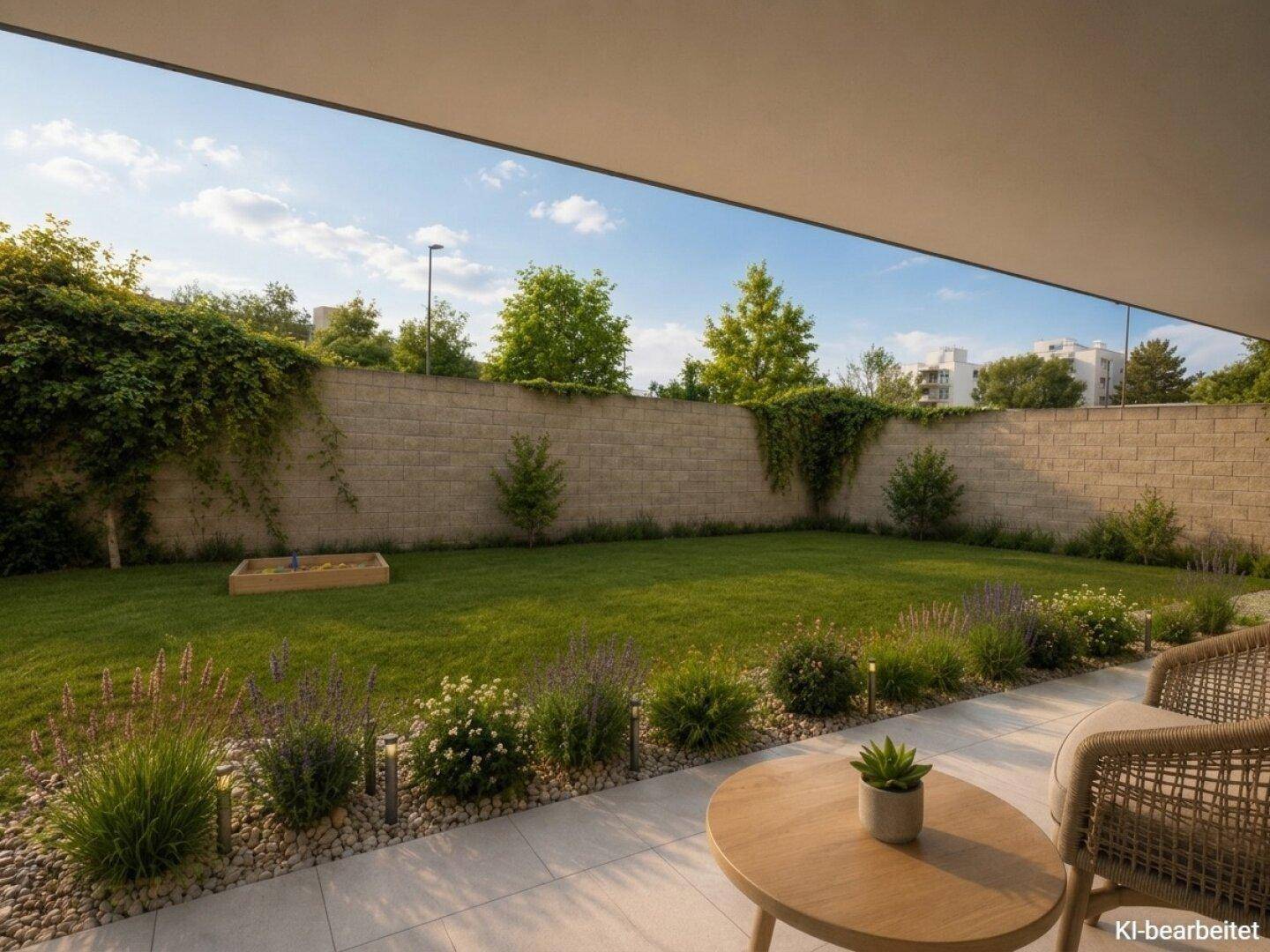 Gepflegter Garten mit Rasenfläche, Blumenbeeten und einer möblierten Terrasse für entspannte Stunden.