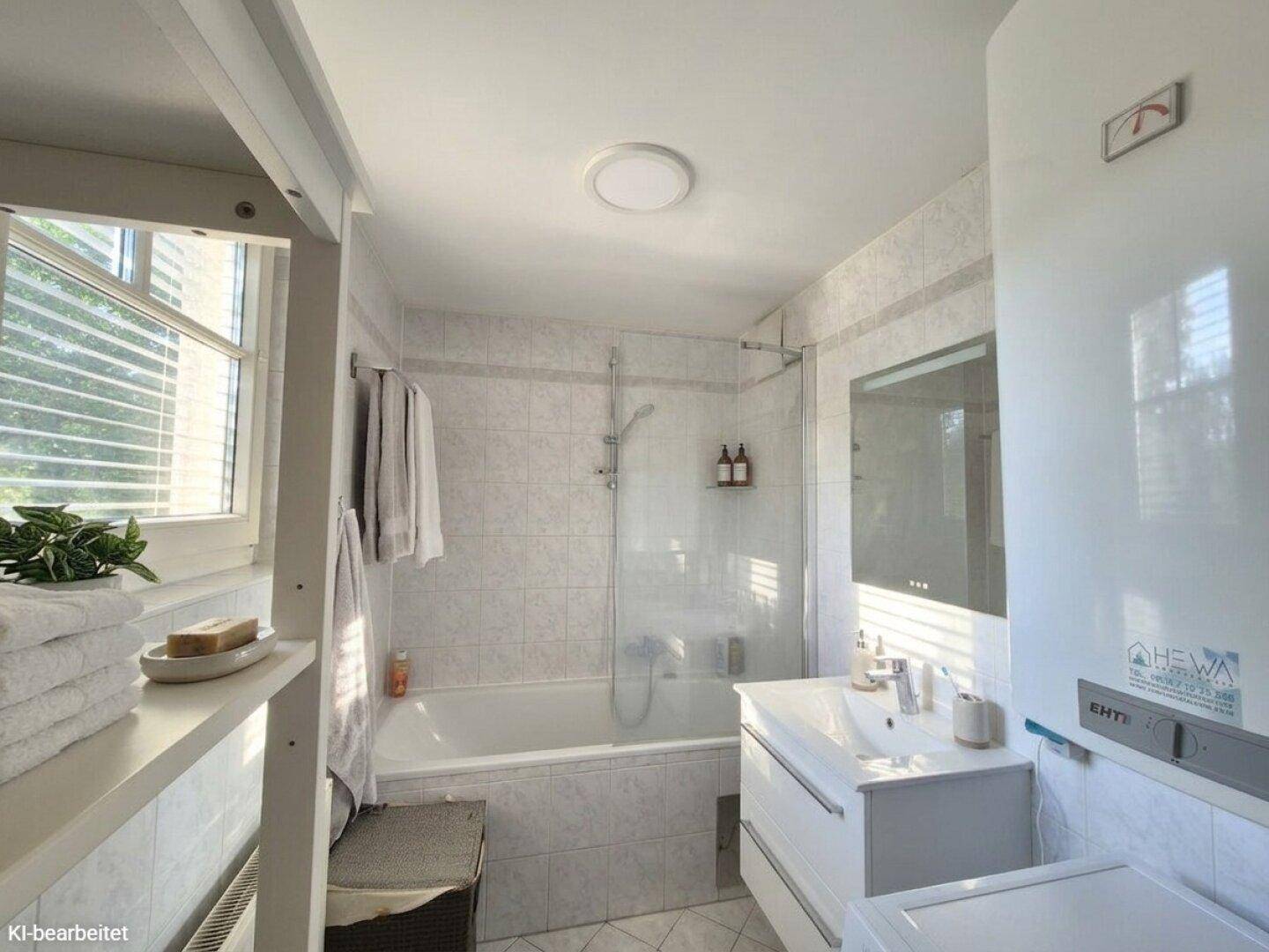 Modern gefliestes Badezimmer mit Badewanne, Dusche, Waschbecken und Fenster.