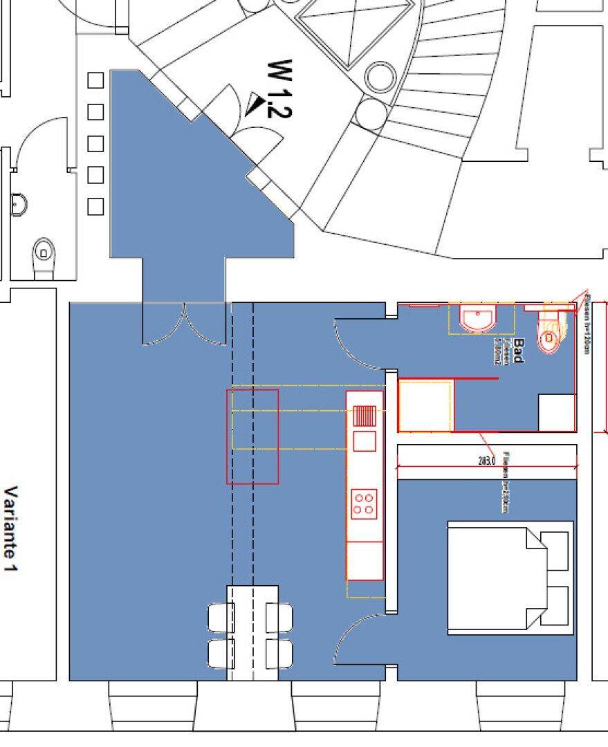 Grundriss einer Wohnung mit offenem Wohnbereich, Schlafzimmer und Bad.