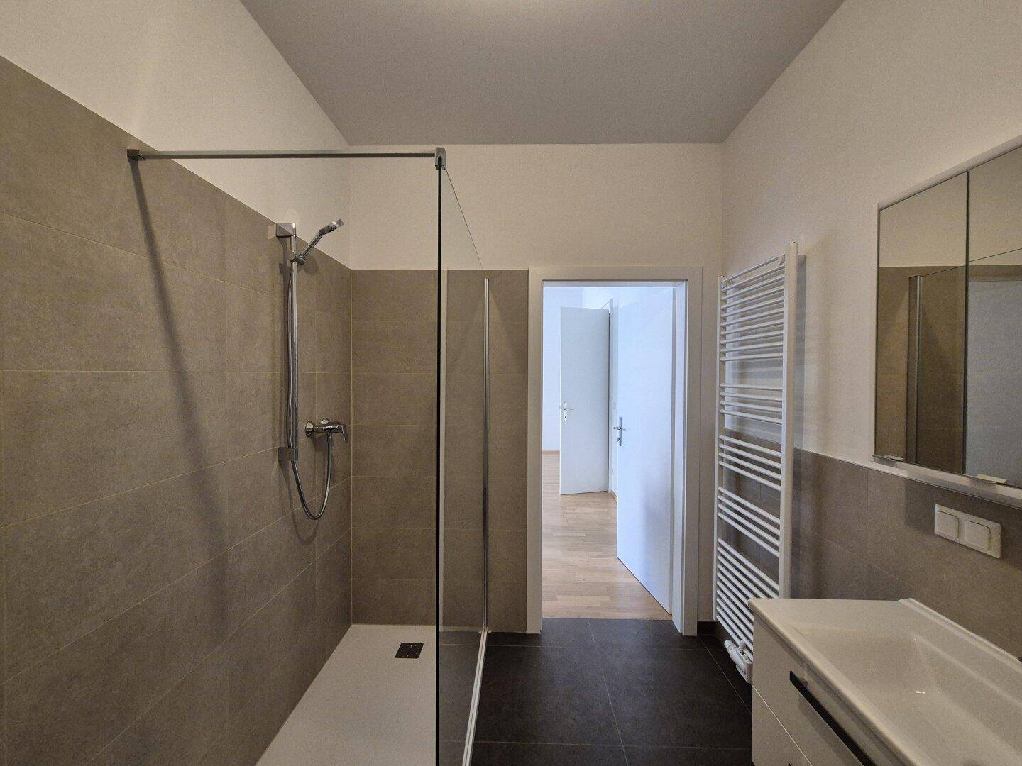 Geräumiges Badezimmer mit großer Duschkabine, modernem Waschbecken und Spiegel.