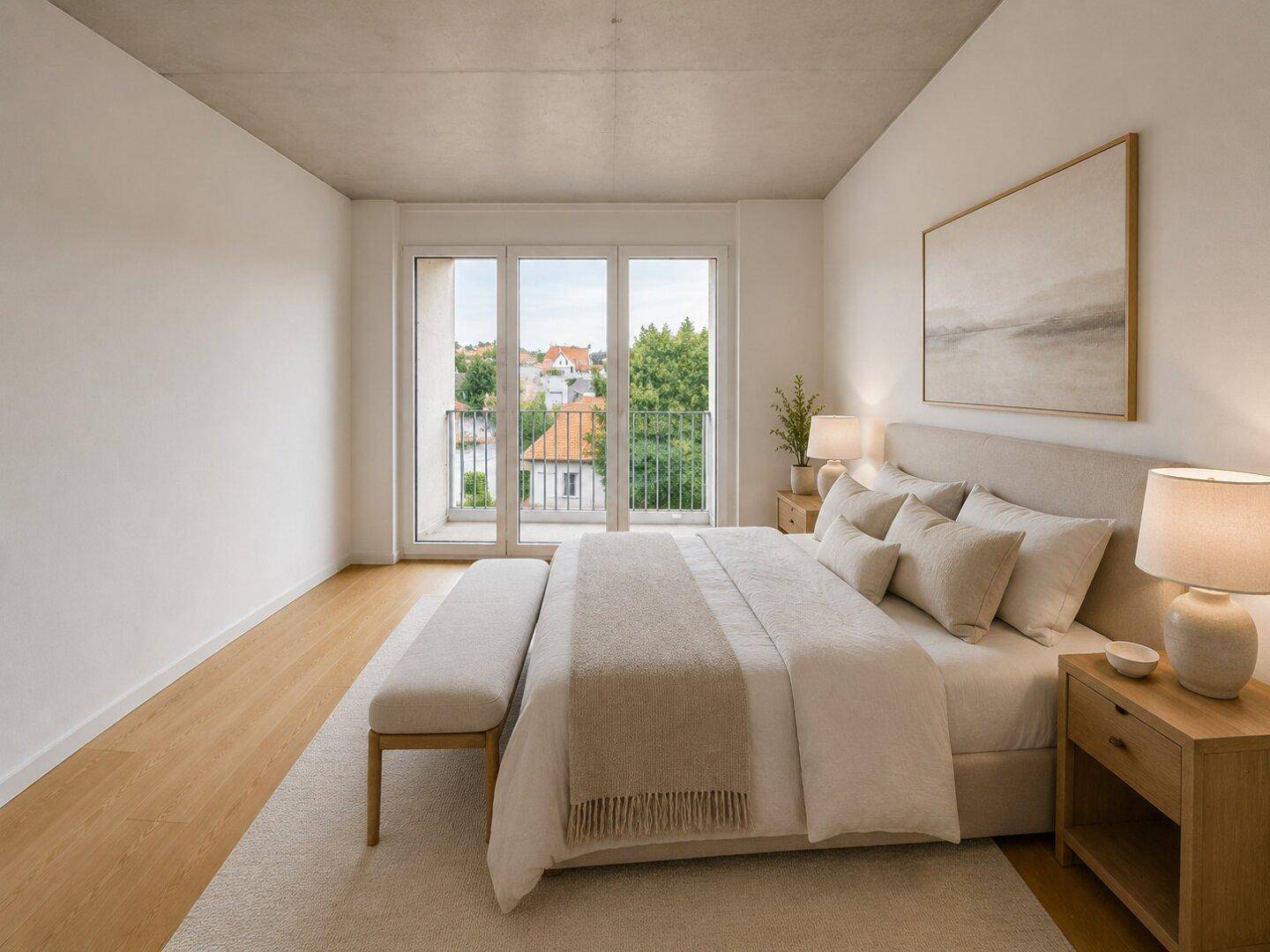 Modernes Schlafzimmer mit Holzboden, großem Bett und Zugang zu einem französischen Balkon.