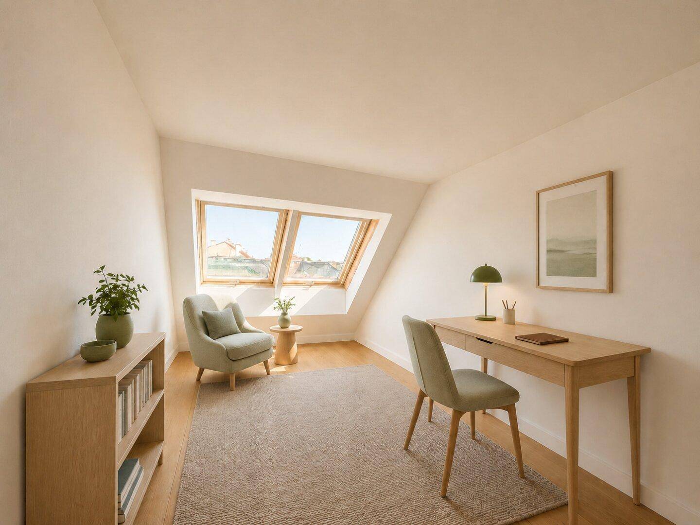 Gemütliches Arbeitszimmer mit Dachschrägen, zwei Dachfenstern und moderner Einrichtung.