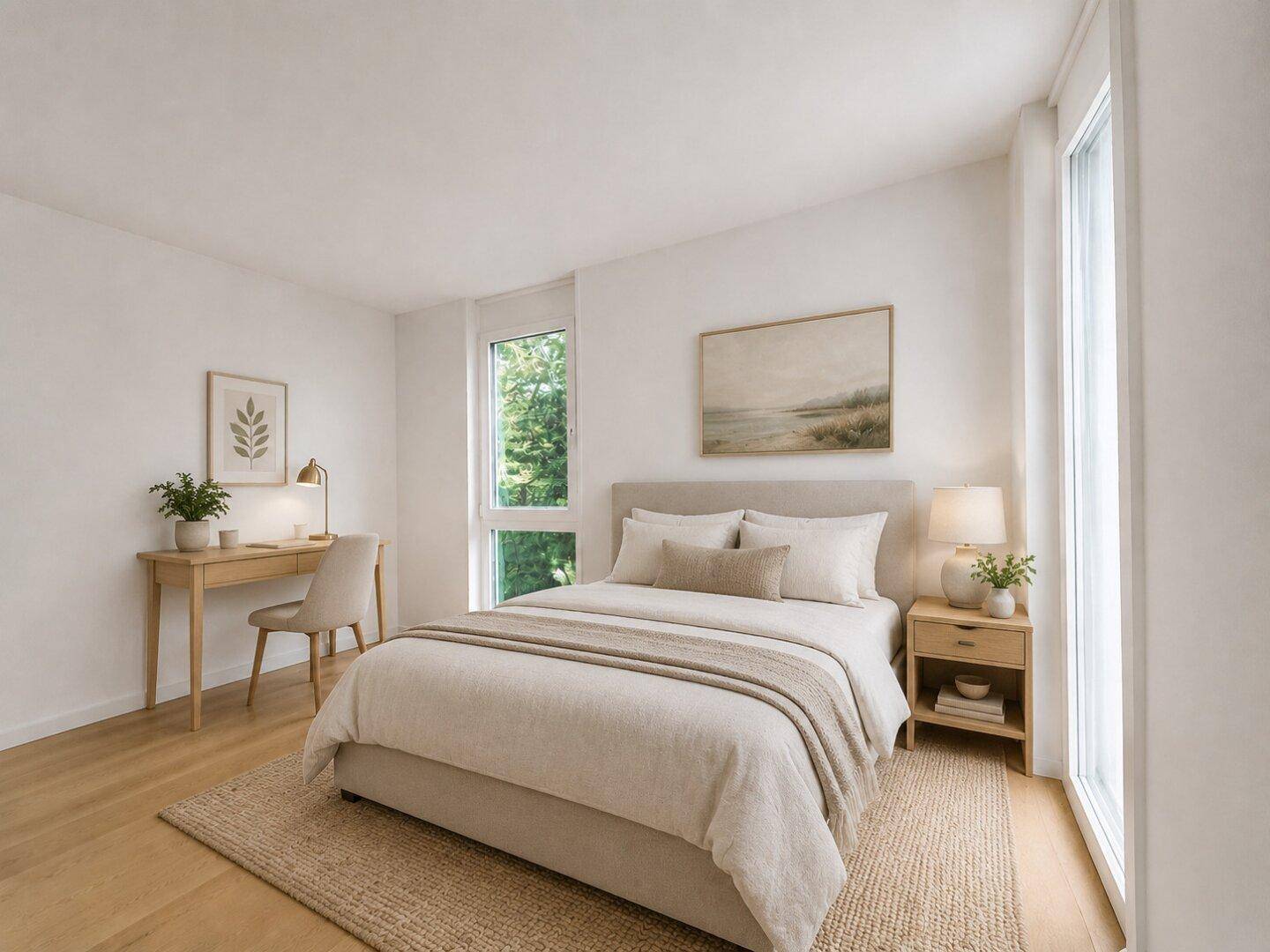 Gemütliches Schlafzimmer mit Holzboden, großen Fenstern und moderner, heller Einrichtung.
