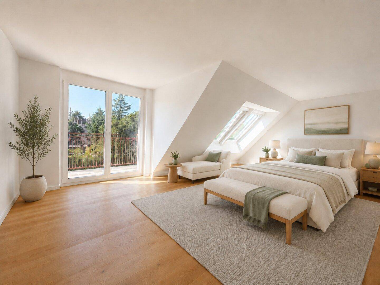 Modernes Schlafzimmer im Dachgeschoss mit Holzboden, Dachfenstern und Zugang zu einem Balkon.