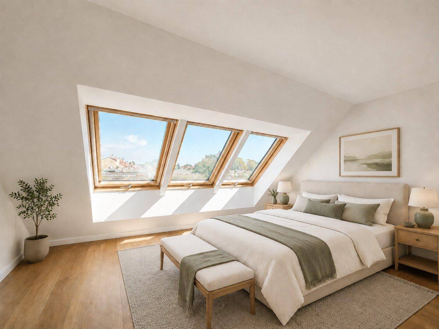 Gemütliches Schlafzimmer im Dachgeschoss mit Holzboden, großen Dachfenstern und moderner Einrichtung.