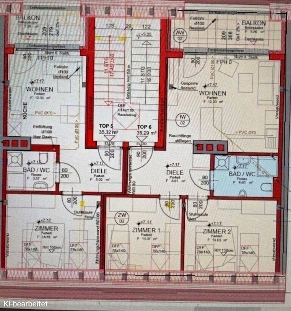 Detaillierter Grundriss einer Wohnung mit mehreren Zimmern, Bädern und Balkonen.