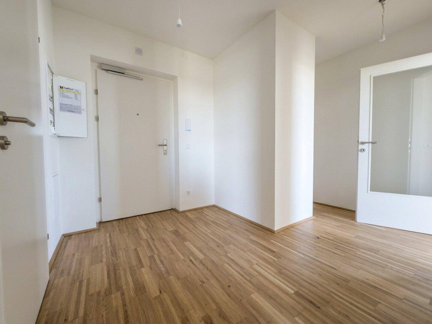 Heller Eingangsbereich mit Parkettboden, einer Sicherheitstür und einem modernen Glasfenster.