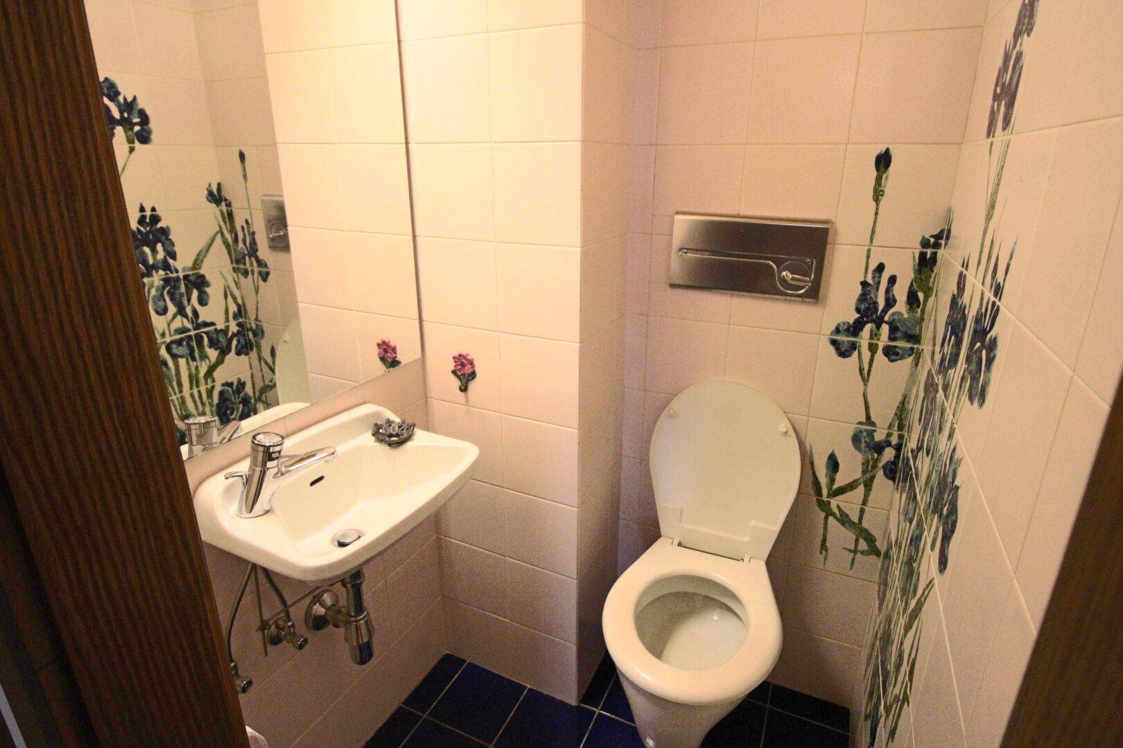 Separate Gästetoilette mit floralen Fliesen und kleinem Waschbecken.