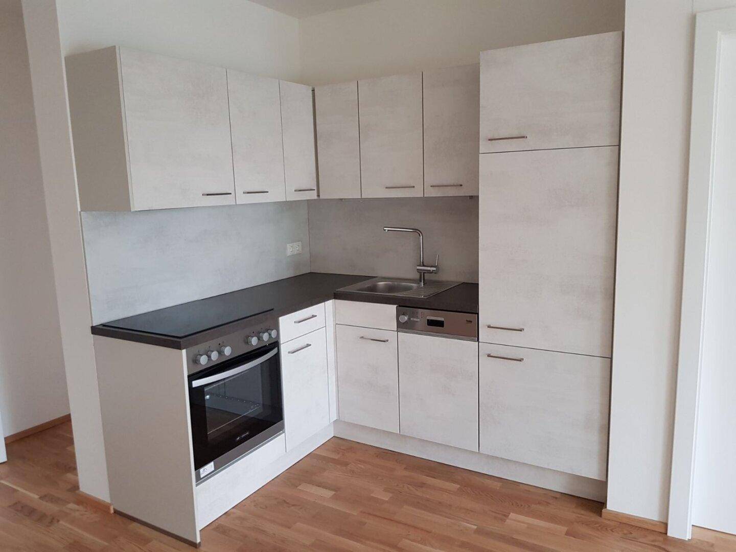 Moderne Einbauküche mit hellgrauen Schränken, dunkler Arbeitsplatte und integrierten Geräten.