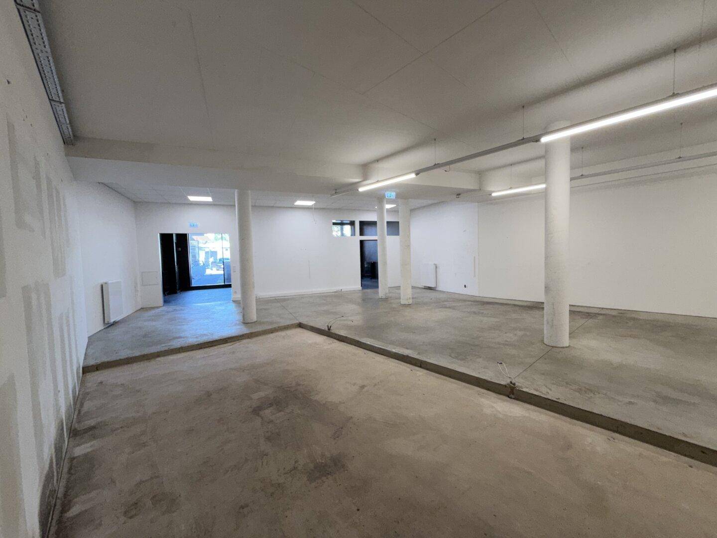 Weitläufiger, heller Raum mit Betonboden und weißen Wänden, ausgestattet mit moderner Deckenbeleuchtung.
