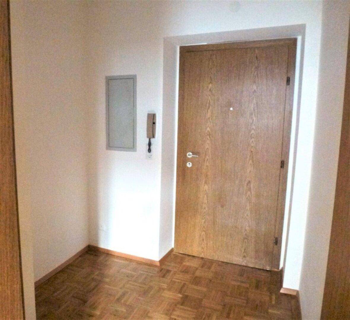 Eingangsbereich mit Holztür, Gegensprechanlage und klassischem Holzparkettboden.