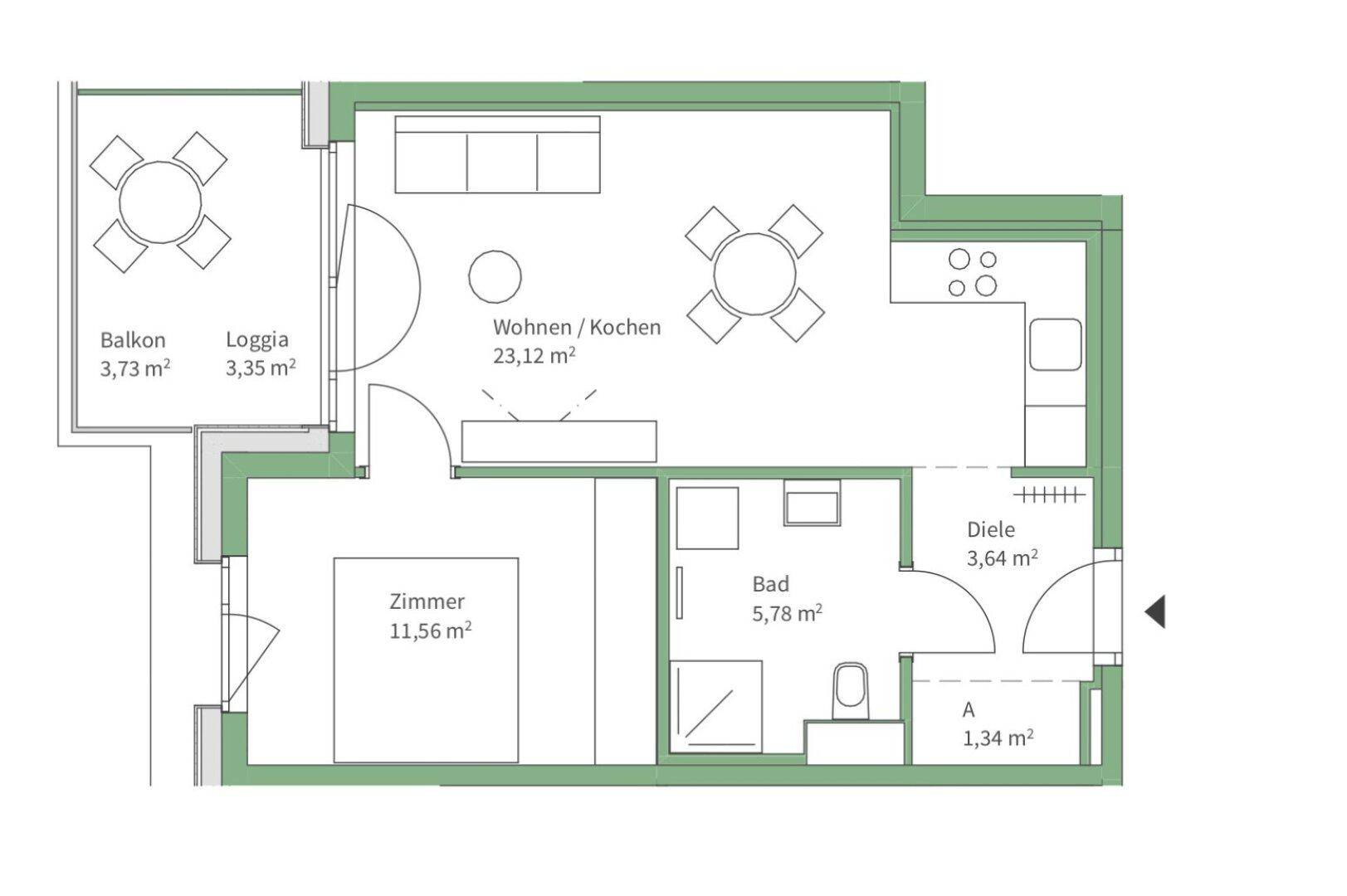 Grundrissplan einer Wohnung mit offenem Wohn-/Kochbereich, einem Schlafzimmer, Bad, Balkon und Loggia.