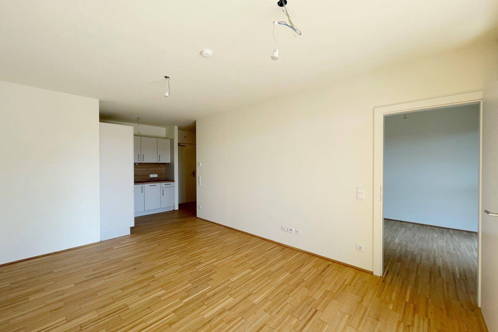 Geräumiger Wohnbereich mit Parkettboden, integrierter Küchenzeile und offenem Zugang zu einem weiteren Zimmer.