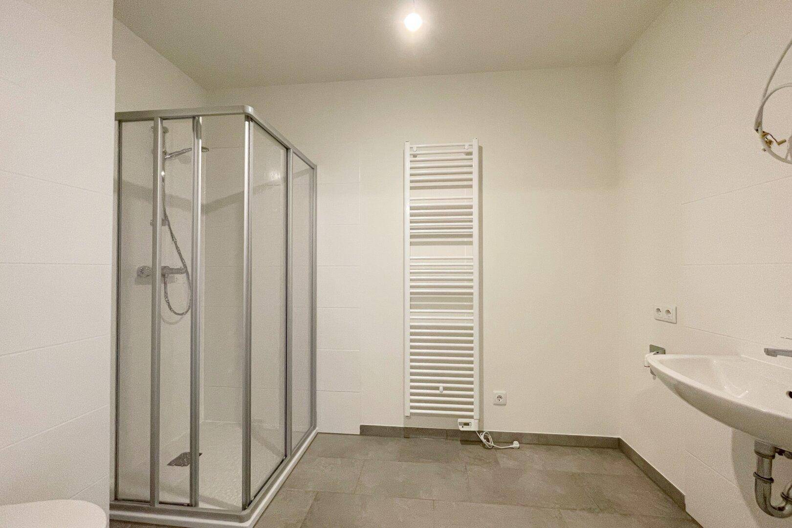 Modernes Badezimmer mit Duschkabine, Waschbecken und beheiztem Handtuchhalter.