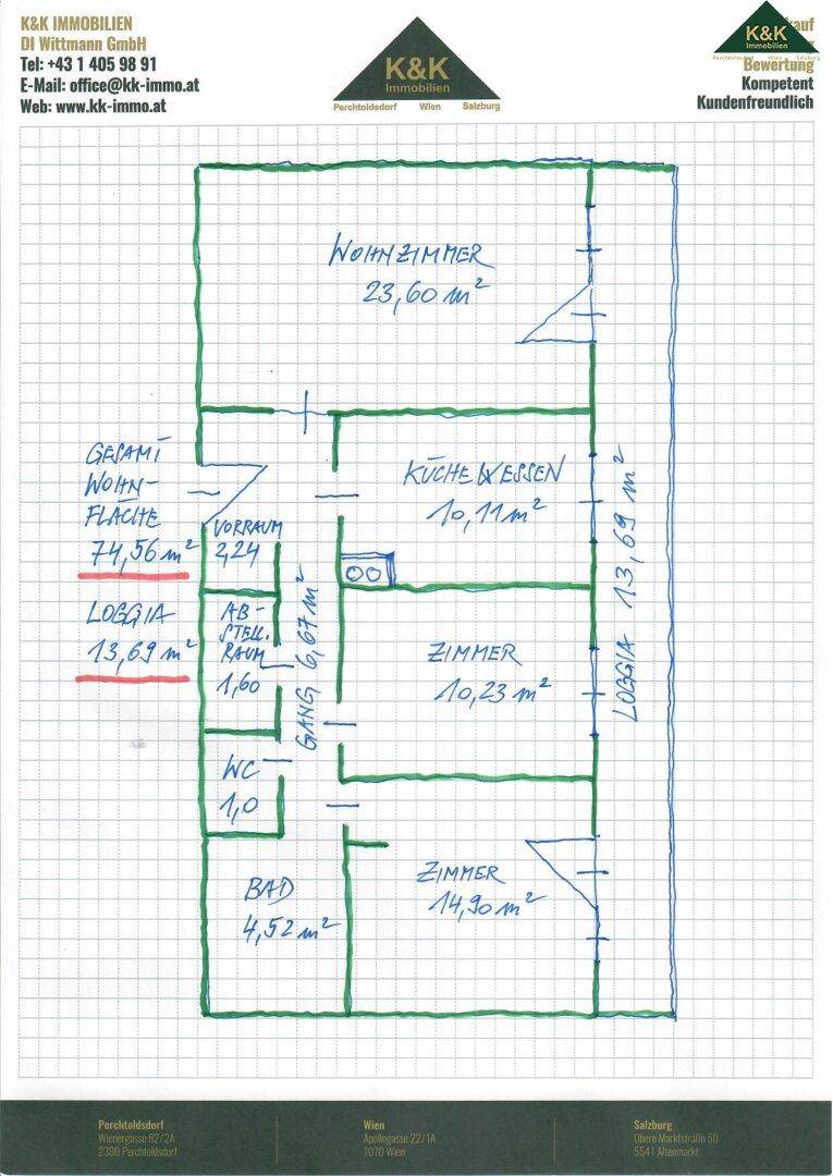 Handgezeichneter Grundriss einer Wohnung mit Wohnzimmer, Küche und mehreren Zimmern.