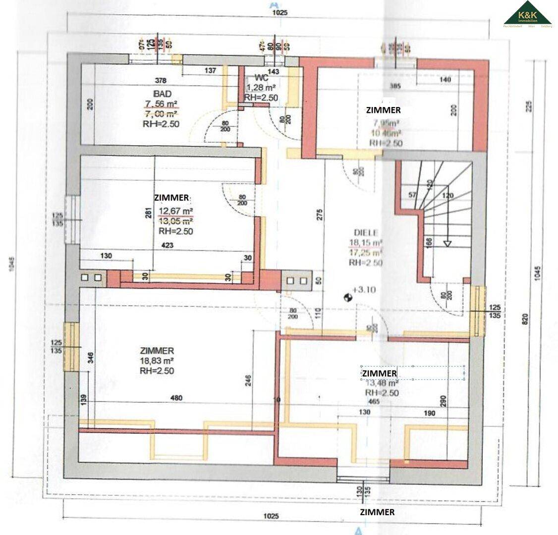 Grundriss des Obergeschosses mit mehreren Zimmern, einem Badezimmer und separatem WC.
