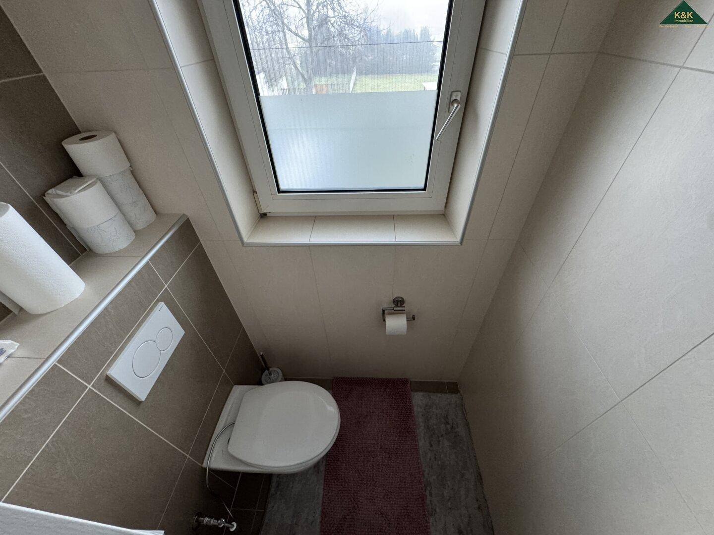 Separates WC mit Wand-WC und Dachfenster für natürliches Licht.