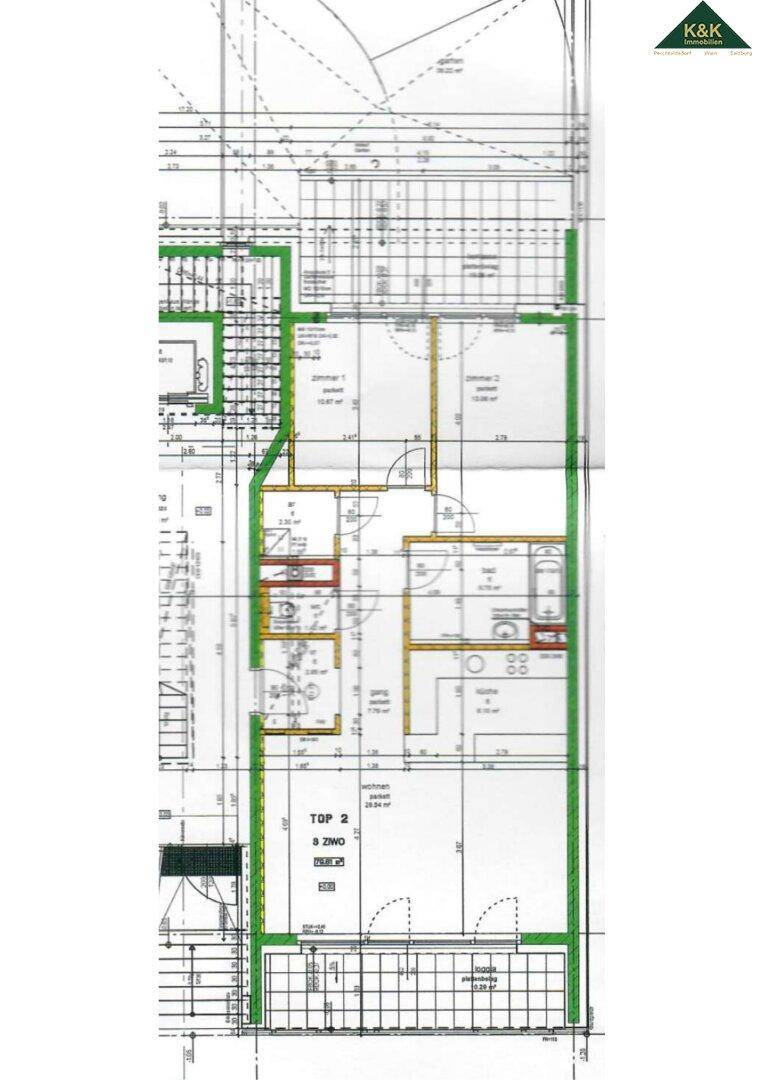 Detaillierter Grundriss einer Wohnung mit zwei Zimmern, Bad und separatem WC.