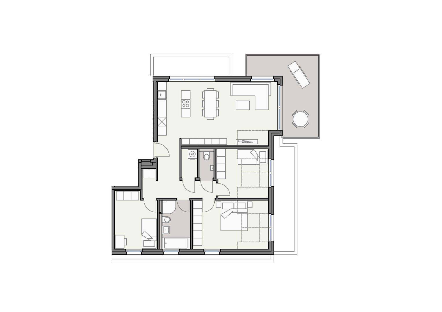 Grundriss einer Wohnung mit offenem Wohnbereich, zwei Schlafzimmern und großer Terrasse.