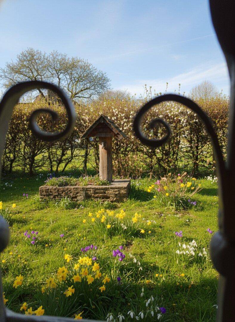 Blühender Garten mit Frühlingsblumen und einem dekorativen Holzbrunnen im hellen Sonnenschein.