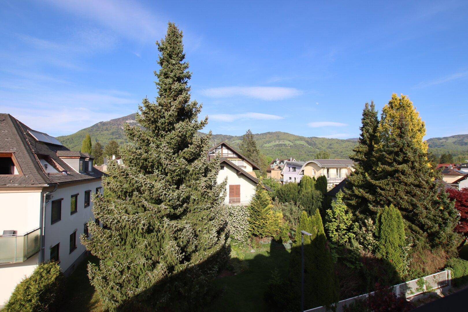 Panoramablick auf eine grüne Wohngegend mit hohen Bäumen und bewaldeten Hügeln.