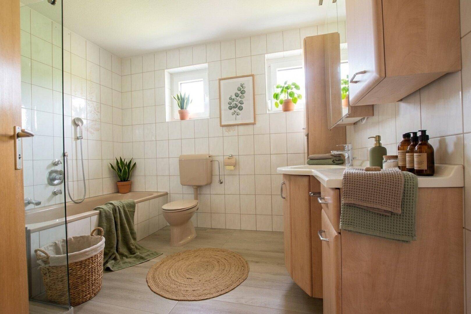 Badezimmer mit Badewanne, WC, Einzelwaschbecken und zwei Fenstern für Tageslicht.