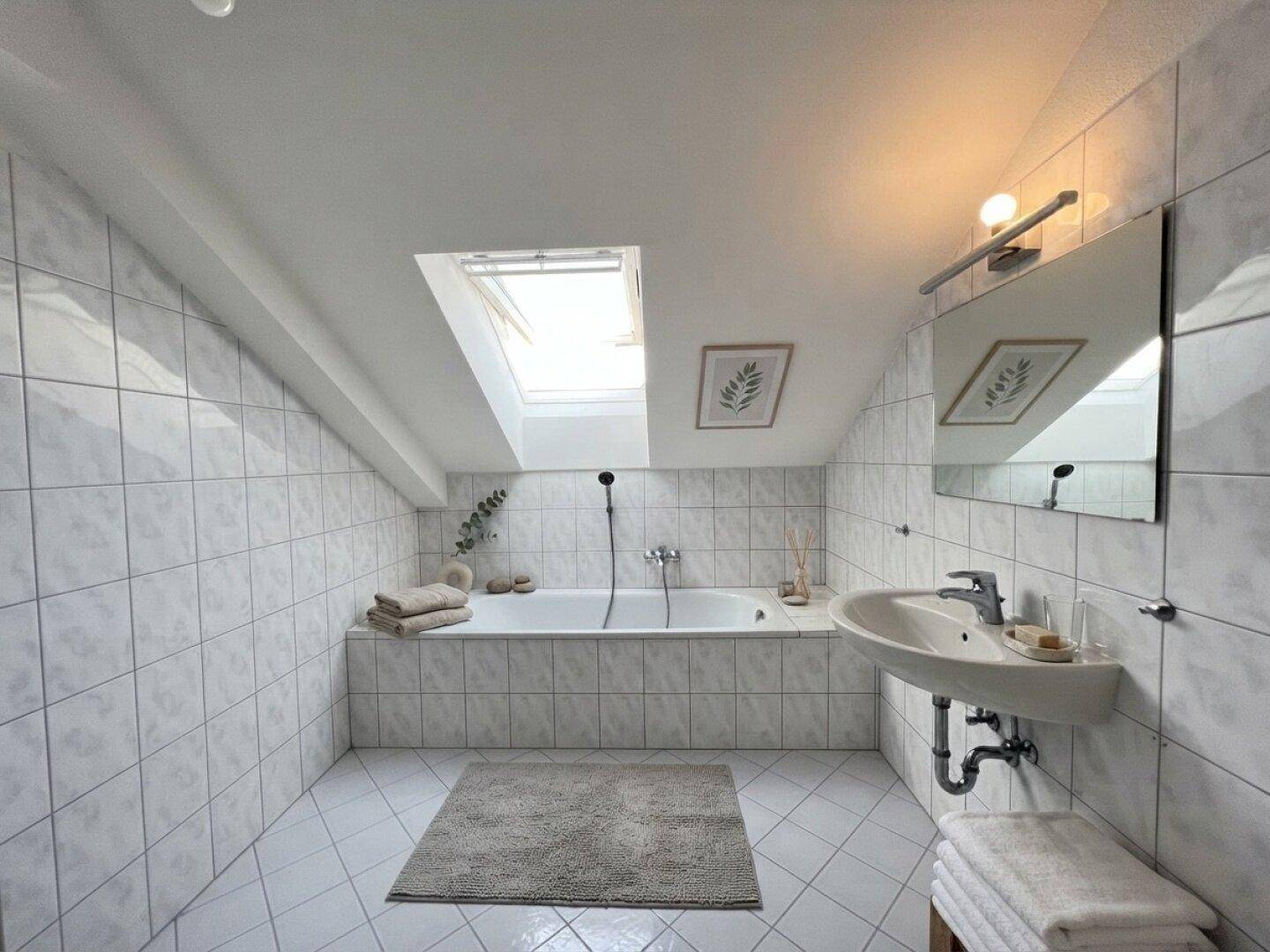 Helles Badezimmer mit Badewanne, Waschbecken, weißen Fliesen und Dachfenster im Dachgeschoss.
