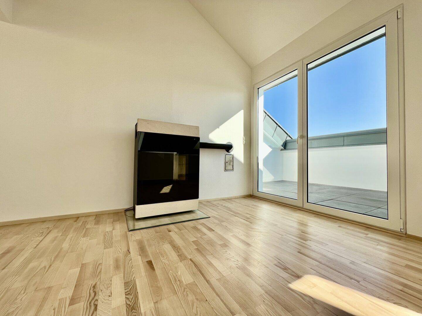 Moderner Kaminofen im Wohnbereich mit großzügigem Zugang zur sonnigen Dachterrasse.