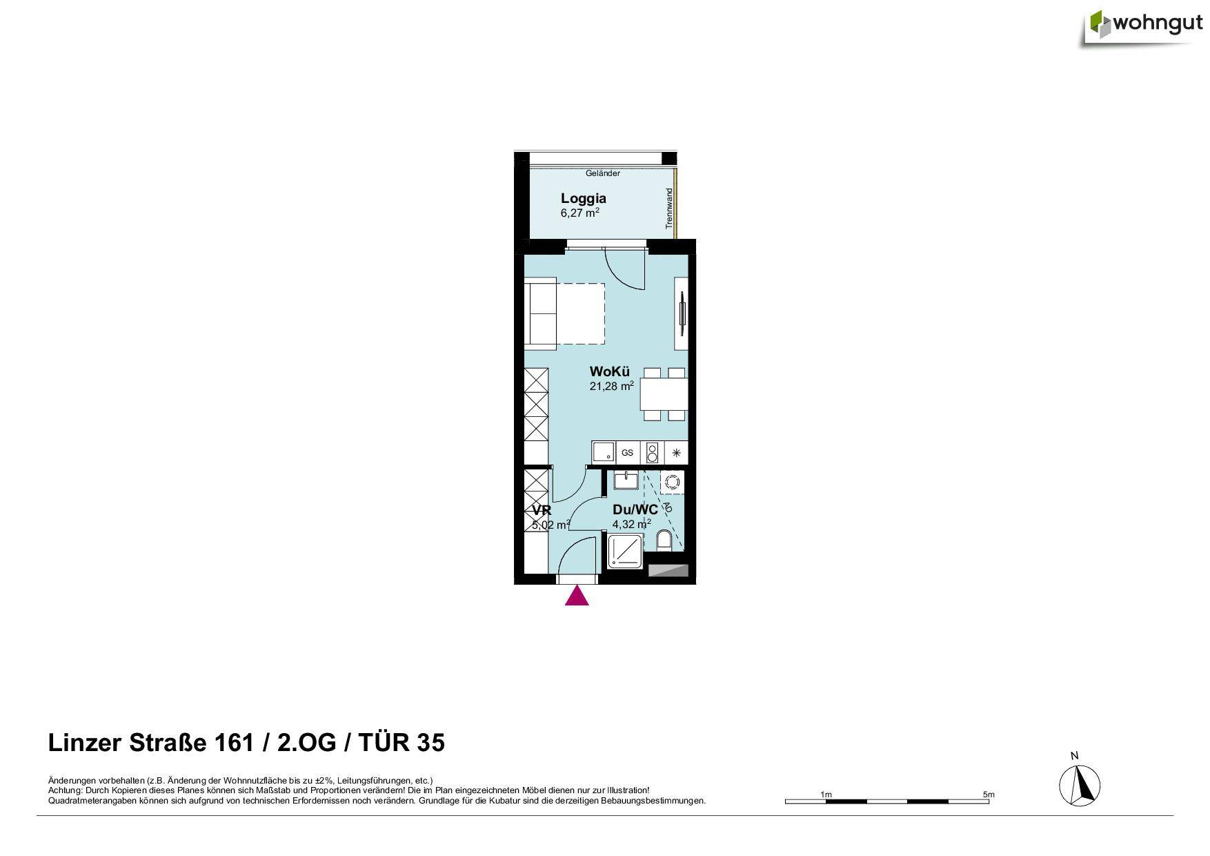 Detaillierter Grundriss einer Wohnung mit Loggia und separatem Duschbad.