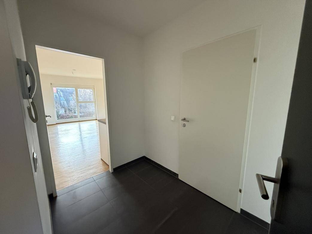 Eingangsbereich mit dunklen Fliesen und einer weißen Tür, die in den Wohnbereich führt.