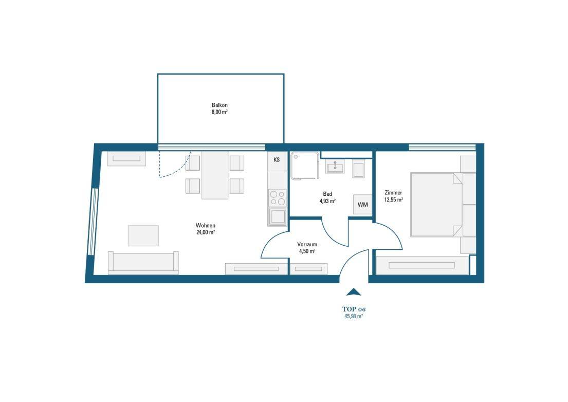 Grundriss der Wohnung mit offenem Wohnbereich, Schlafzimmer, Bad und Balkon.
