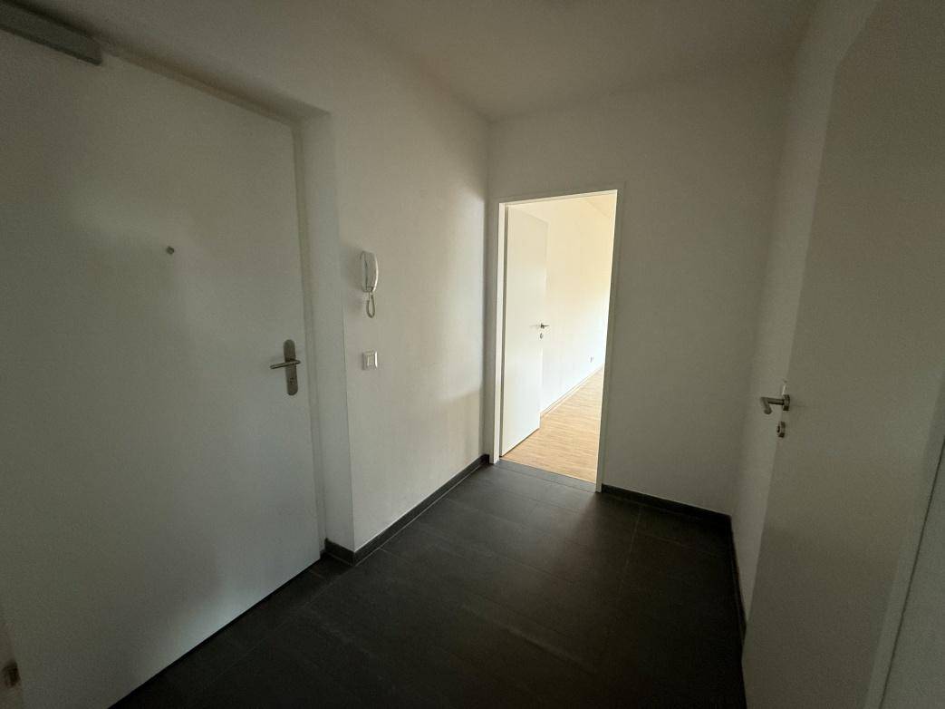 Eingangsbereich mit dunklen Fliesen und weißen Türen, die zu verschiedenen Räumen führen.