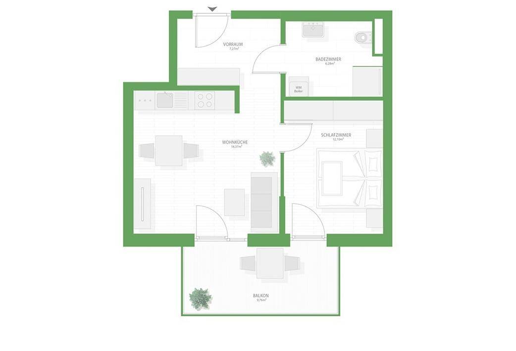 Übersichtlicher Grundriss einer Wohnung mit Wohnküche, Schlafzimmer und Balkon.