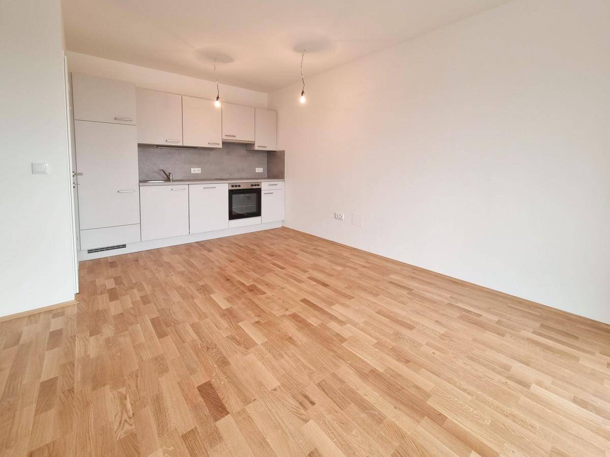 Offener Wohnbereich mit integrierter weißer Küchenzeile und hellem Holzparkettboden.