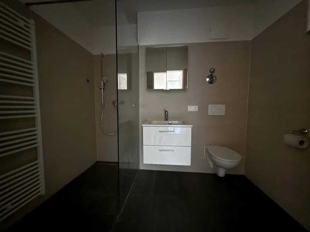 Modernes Badezimmer mit ebenerdiger Dusche, Waschtisch, wandhängendem WC und beheiztem Handtuchhalter.