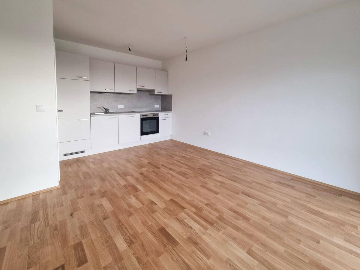Moderner Wohnbereich mit integrierter Küchenzeile und neuem Holzparkettboden.