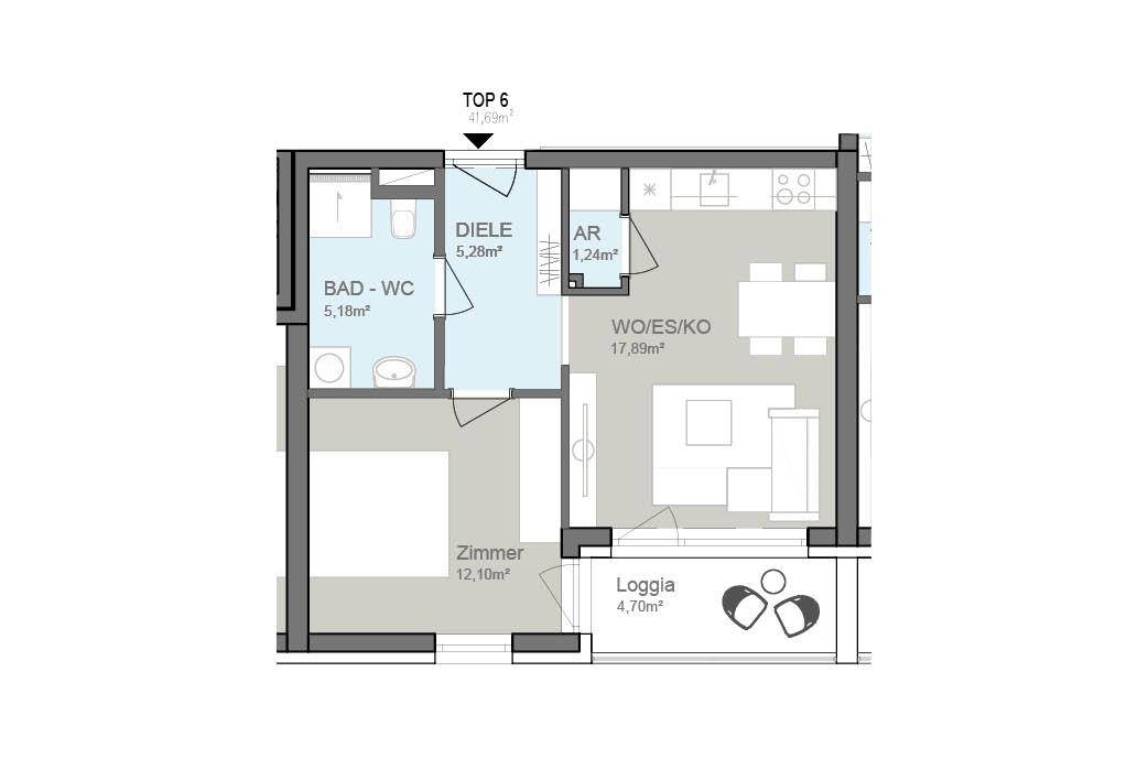 Grundriss der Wohnung "TOP 6" mit 41,69m² Wohnfläche und Loggia.