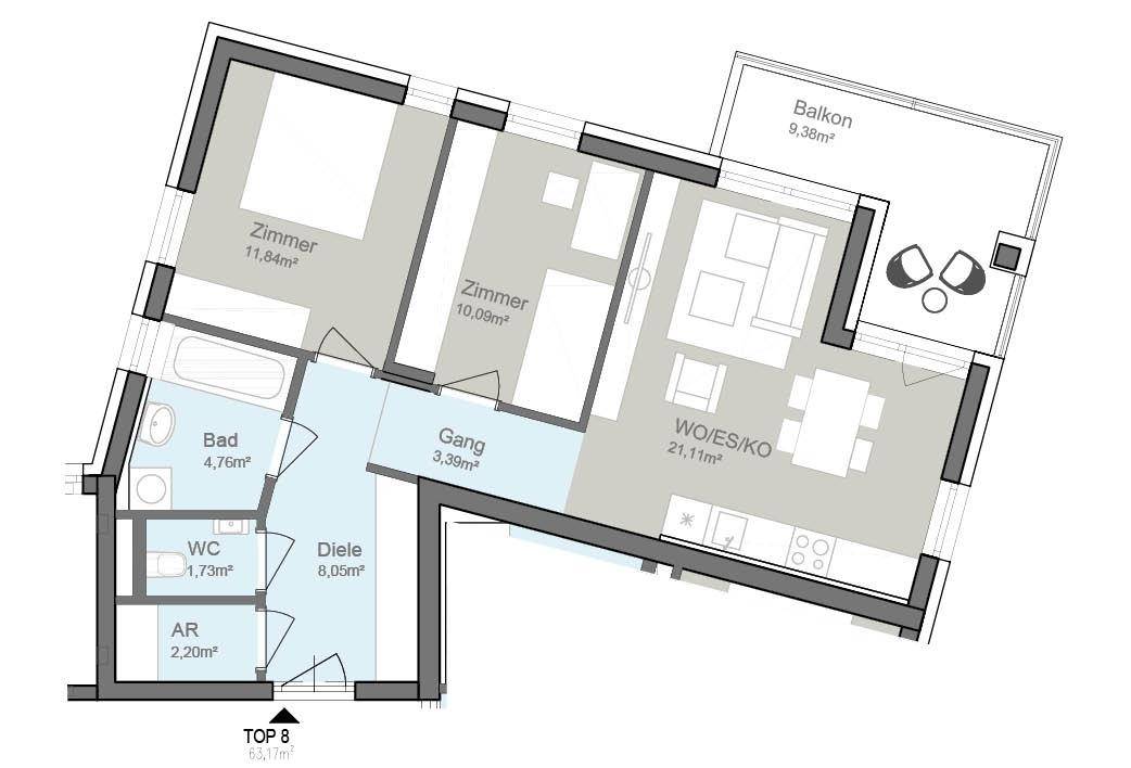 Grundriss einer Wohnung mit zwei Zimmern, Bad, WC und offenem Wohn-Ess-Kochbereich.