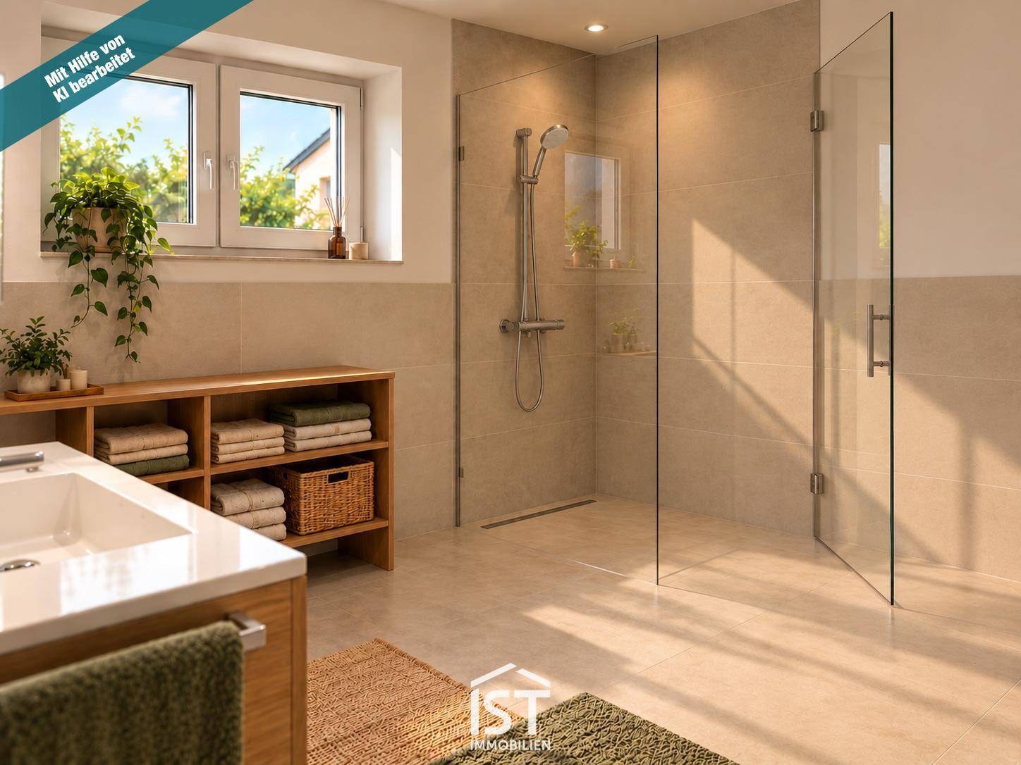 Modernes Badezimmer mit ebenerdiger Dusche, großformatigen Fliesen und Fenster für Tageslicht.