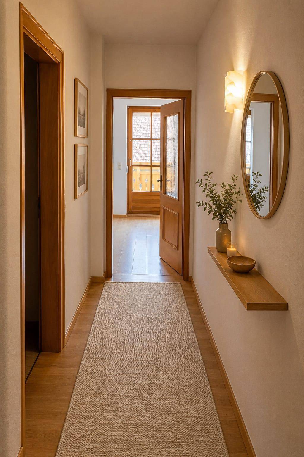 Heller Flur mit Holzböden, einem Wandspiegel und Zugang zu weiteren Räumen.