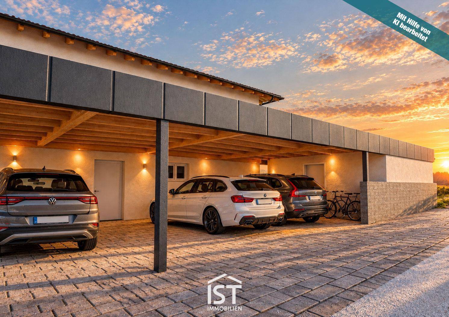 Moderner Carport mit mehreren Stellplätzen und Beleuchtung bei Sonnenuntergang.