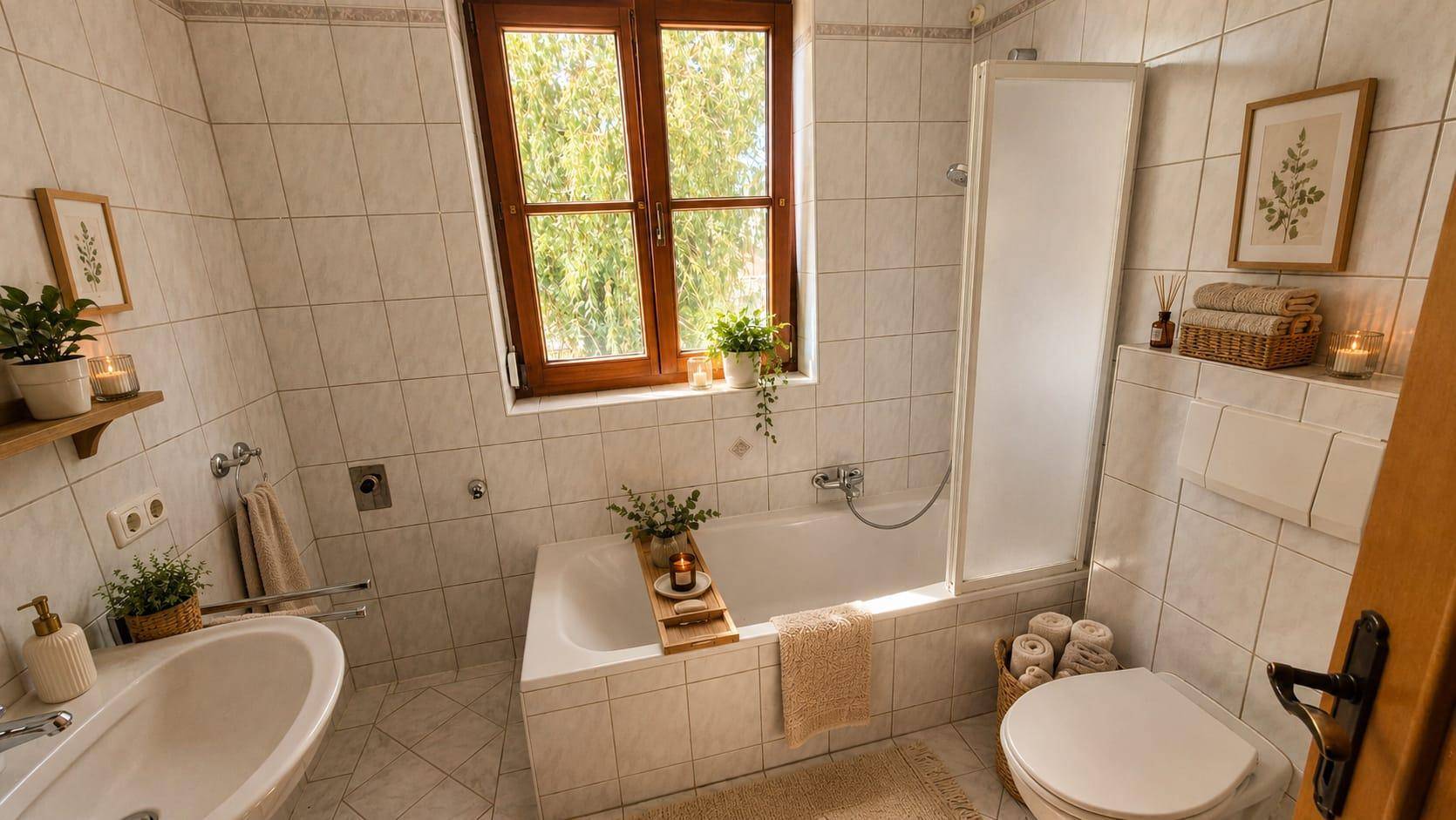 Gefliestes Badezimmer mit Badewanne, Duschabtrennung, Waschbecken und Fenster.