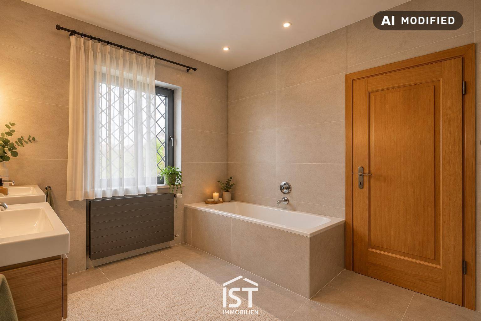 Modernes Badezimmer mit Badewanne, großen Fliesen und Fenster für natürliches Licht.